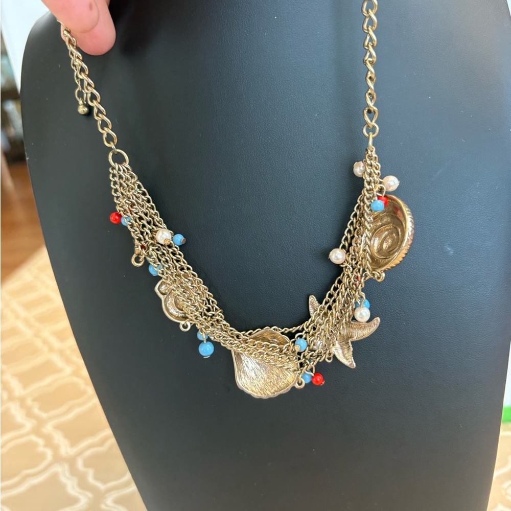 Gold Tone Seashell Statement Nautical Necklace Bi… - image 6